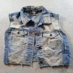Bongo Womens Distressed Cropped Denim Vest Light Wash Medium Frayed Hem